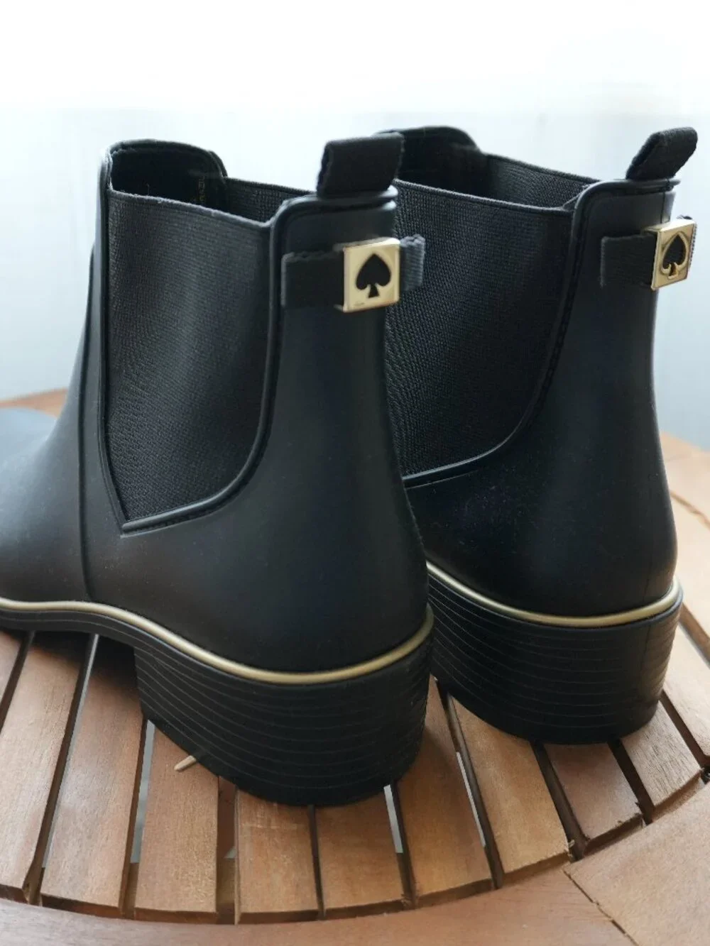 Kate Spade Black Chelsea Rain Boots with Gold Trim